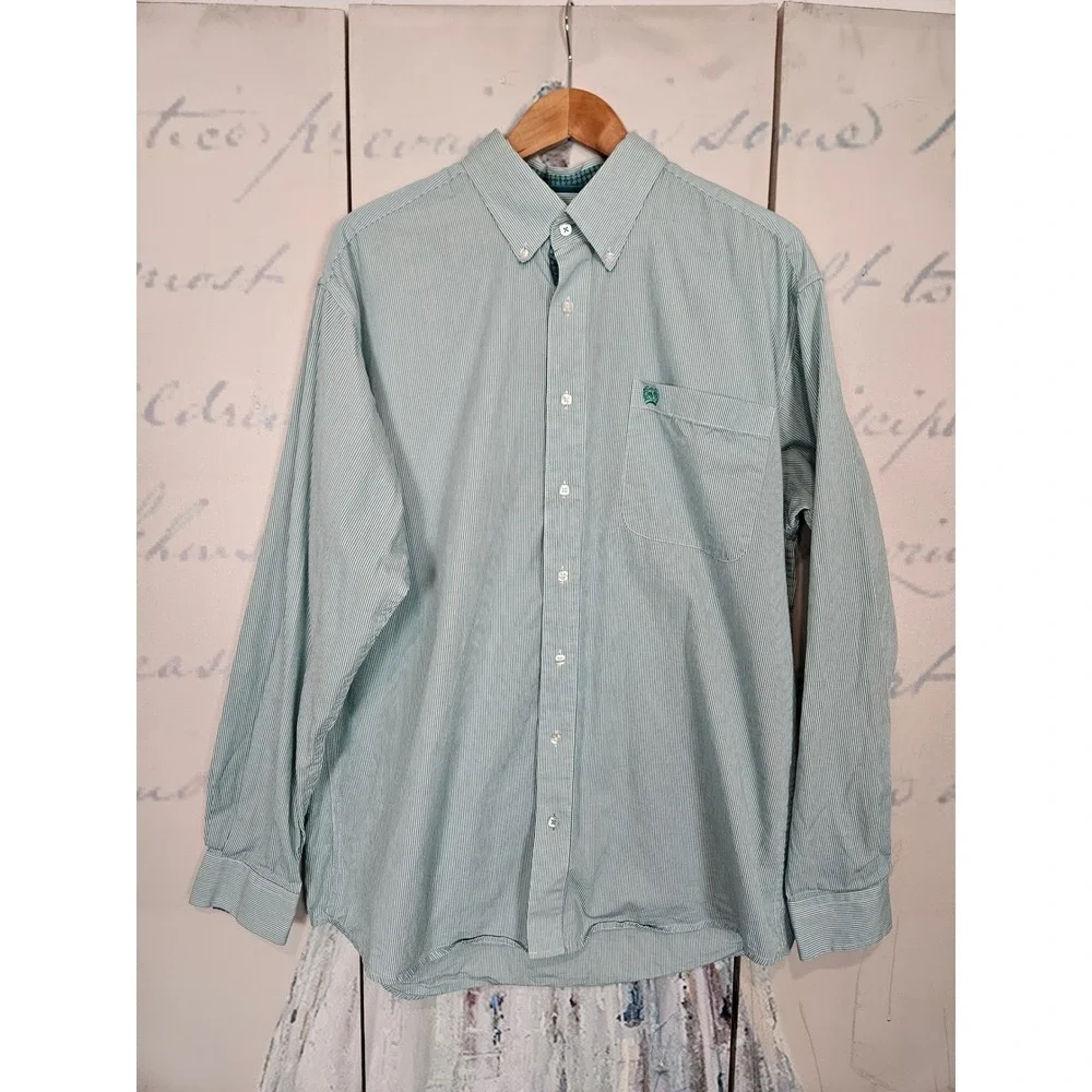 Cinch Button Down Shirt Medium Green Striped Western Cowboy Long Sleeve Pocket